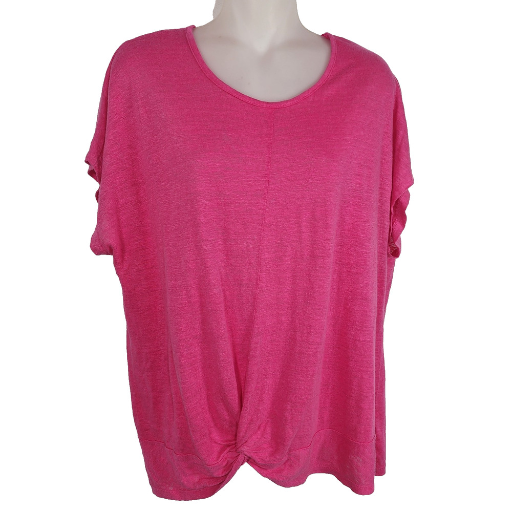 Rachel Roy T Shirt Top Large 100% Linen Short Cap Sleeve 100% Linen Twist Front